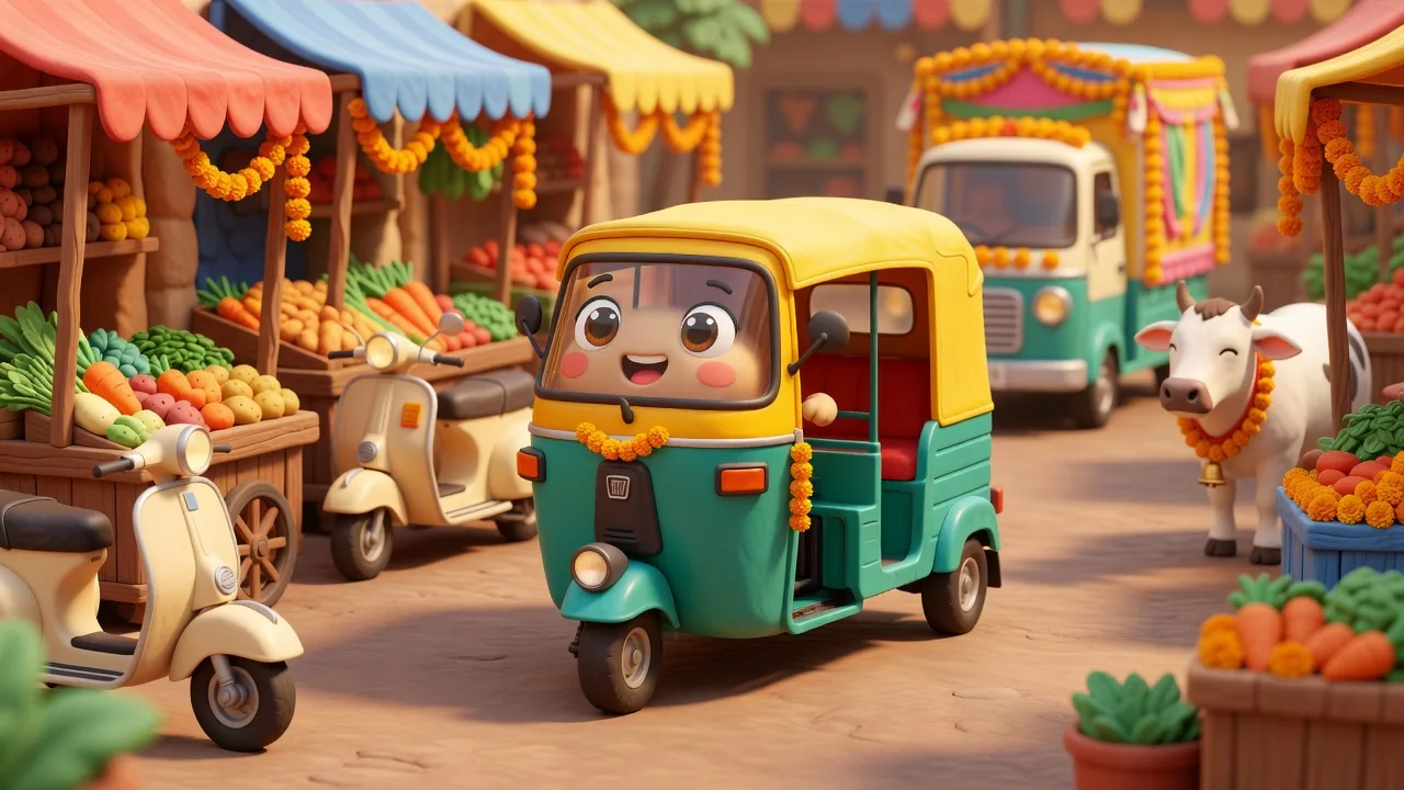 Tuk the auto-rickshaw honking happily in a crowded cartoon Indian street market, surrounded by a vegetable hand cart, a scooter, a calm white cow with a marigold garland and a decorated wedding band truck