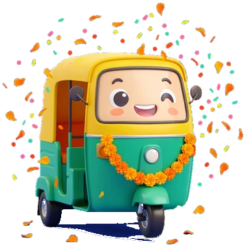 Tuk, a cheerful yellow and teal auto-rickshaw with big eyes and a marigold garland